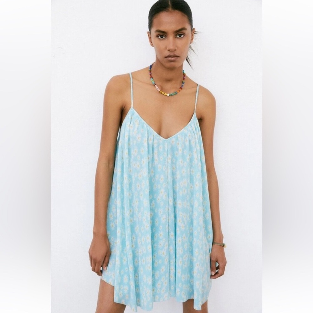 NEW Zara Mini Dress Women Medium Powder Blue Floral Print Crinkle Sleeveless NWT